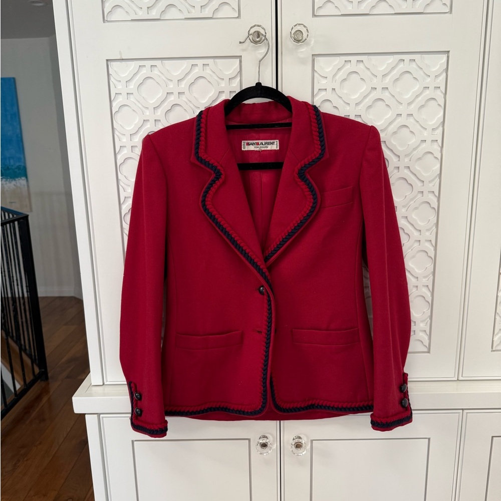 SAINT LAURENT vintage Red Jacket with Navy Trim. Excellent shape!